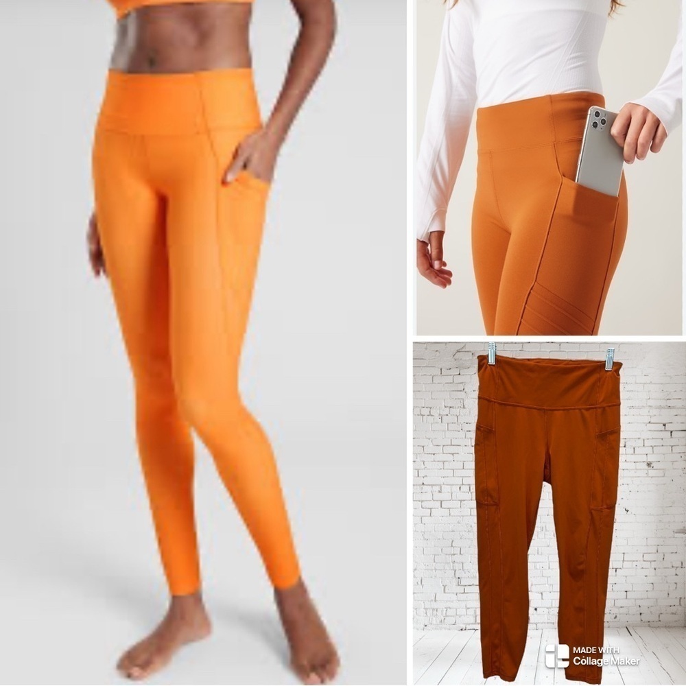Athleta salutation stash pocket leggings in foliage orange